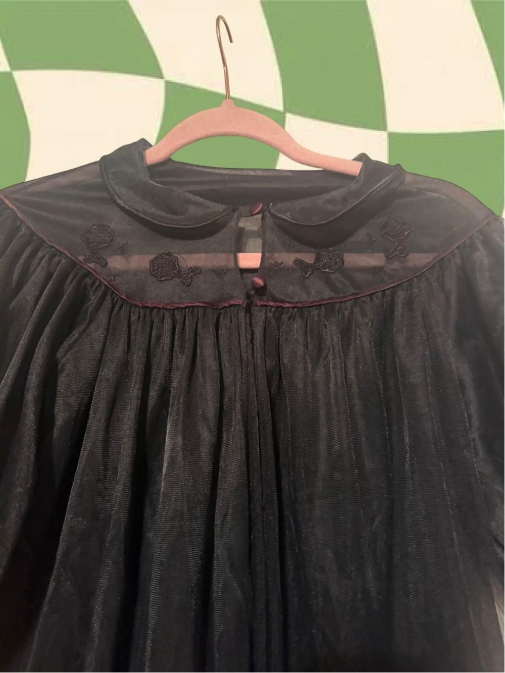 60s Vintage Nylon Floral Embroidery Black Puff-Sleeve Nightdress - Picture 5 of 7